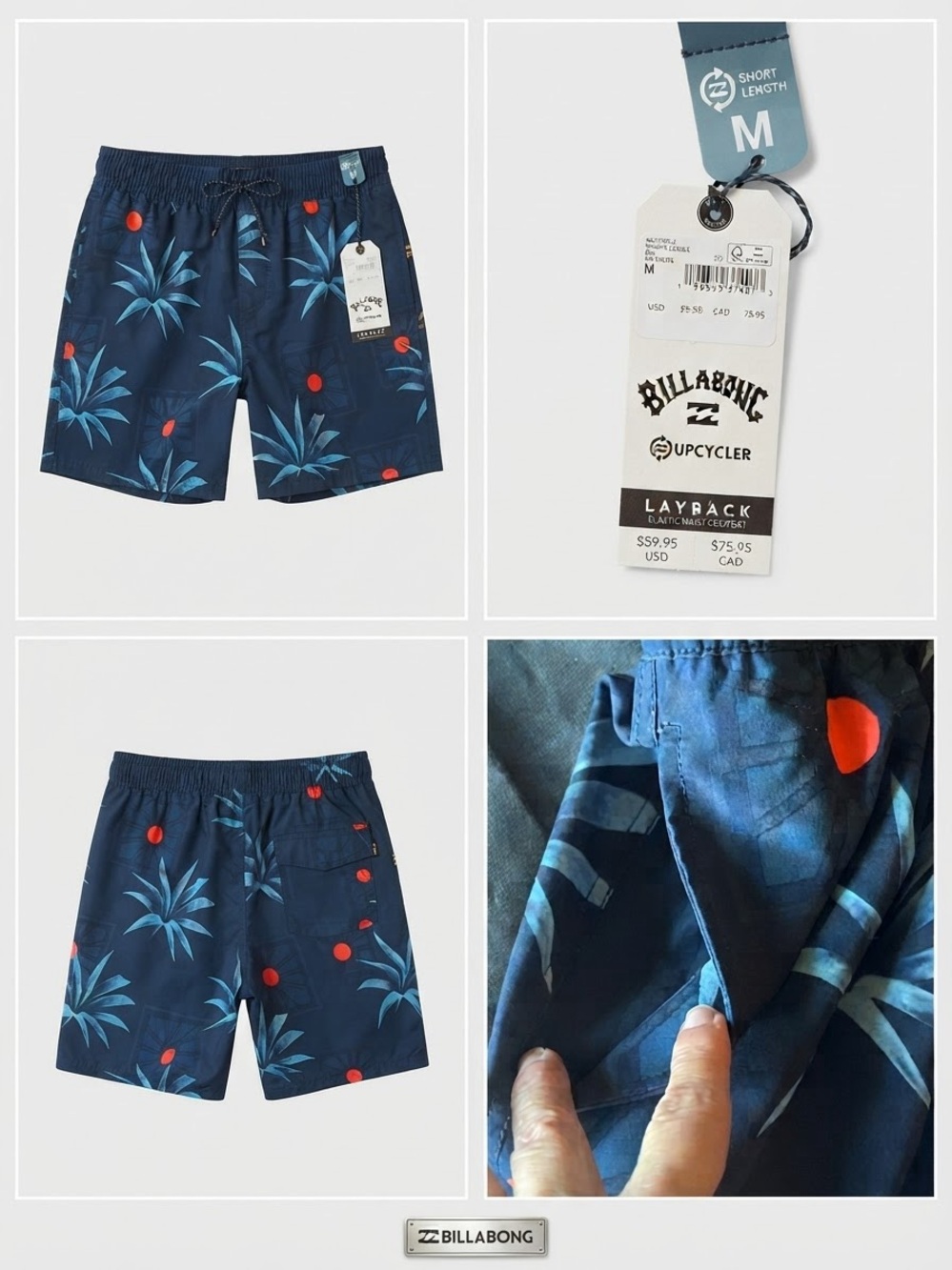 Billabong Navy Swim Shorts with Blue Tropical Print and Red Dot Accents